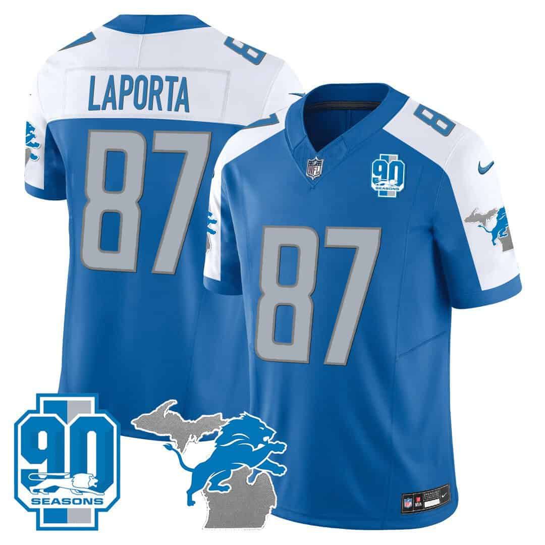 Men Detroit Lions #87 Laporta Blue 2024 Nike 90th Year Michigan Patch Vapor NFL Jersey
